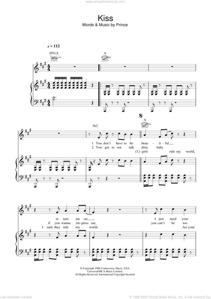 Kiss sheet music for voice, piano or guitar by Prince and Prince & The Revolution, intermediate skill level