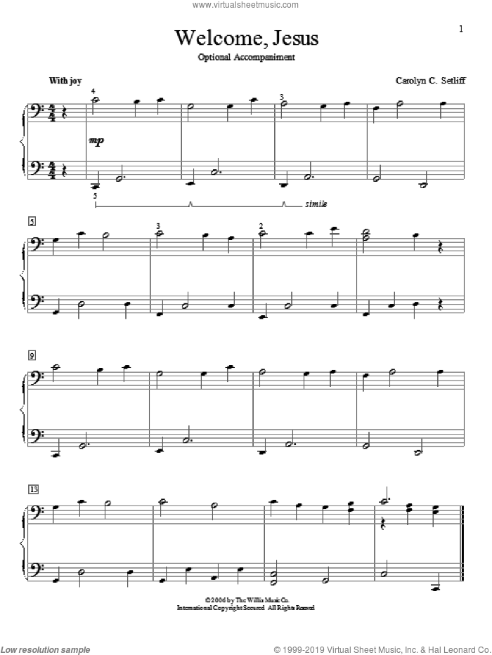 Welcome, Jesus sheet music for piano four hands by Carolyn C. Setliff, intermediate skill level