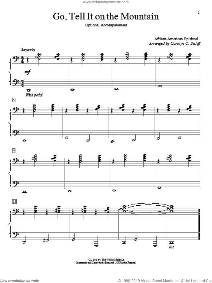 Go, Tell It On The Mountain sheet music for piano four hands  and Carolyn C. Setliff, intermediate skill level