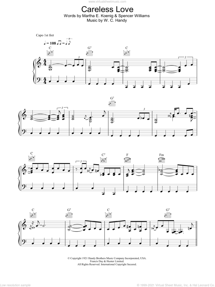 Careless Love sheet music for voice, piano or guitar by Madeleine Peyroux, Martha E. Koenig, Spencer Williams and W.C. Handy, intermediate skill level