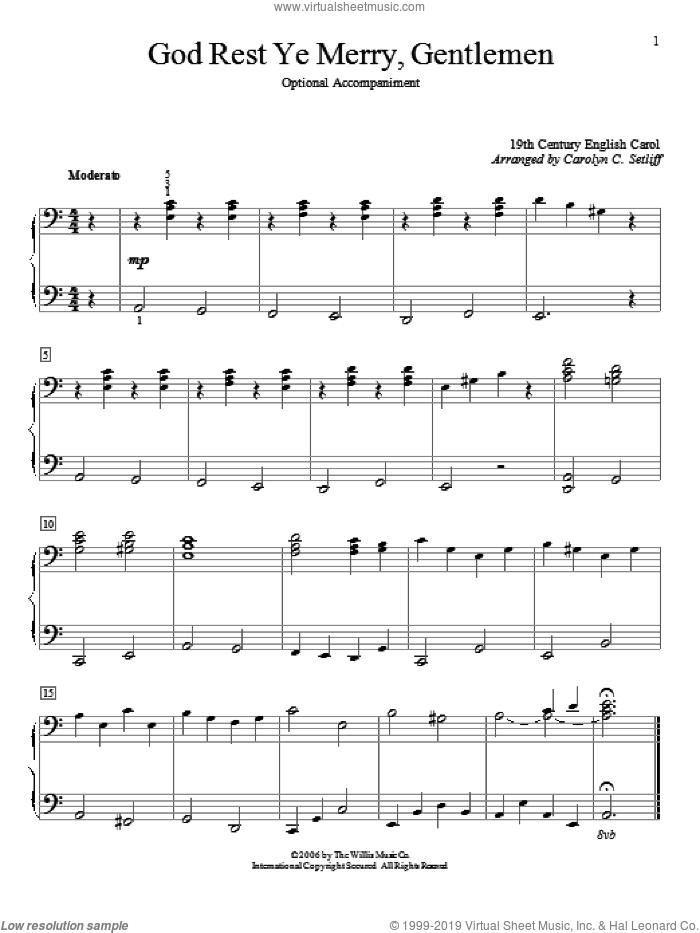 God Rest Ye Merry, Gentlemen sheet music for piano four hands by Carolyn C. Setliff and 19th Century English Carol, intermediate skill level