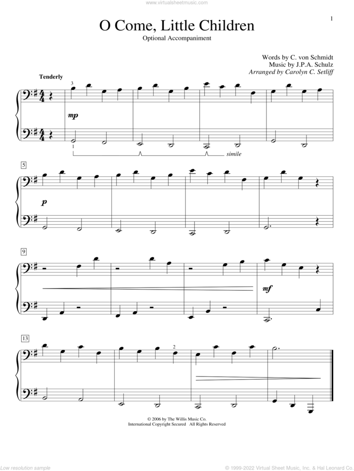 O Come, Little Children sheet music for piano four hands by Carolyn C. Setliff and Cristoph Von Schmid, intermediate skill level