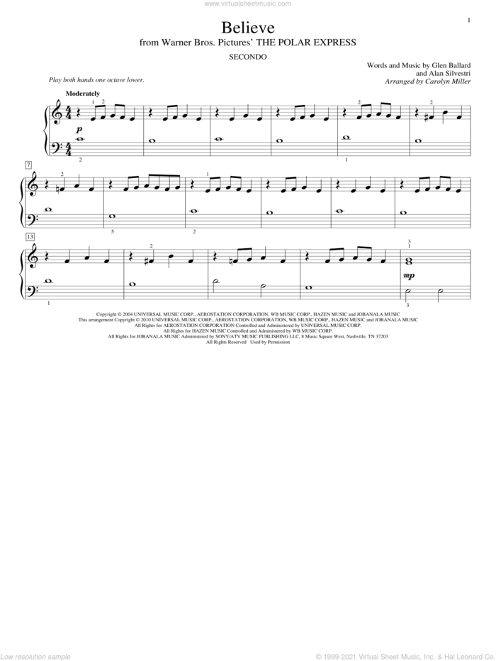 Believe (from The Polar Express) sheet music for piano four hands by Josh Groban, Carolyn Miller, John Thompson, Alan Silvestri and Glen Ballard, intermediate skill level