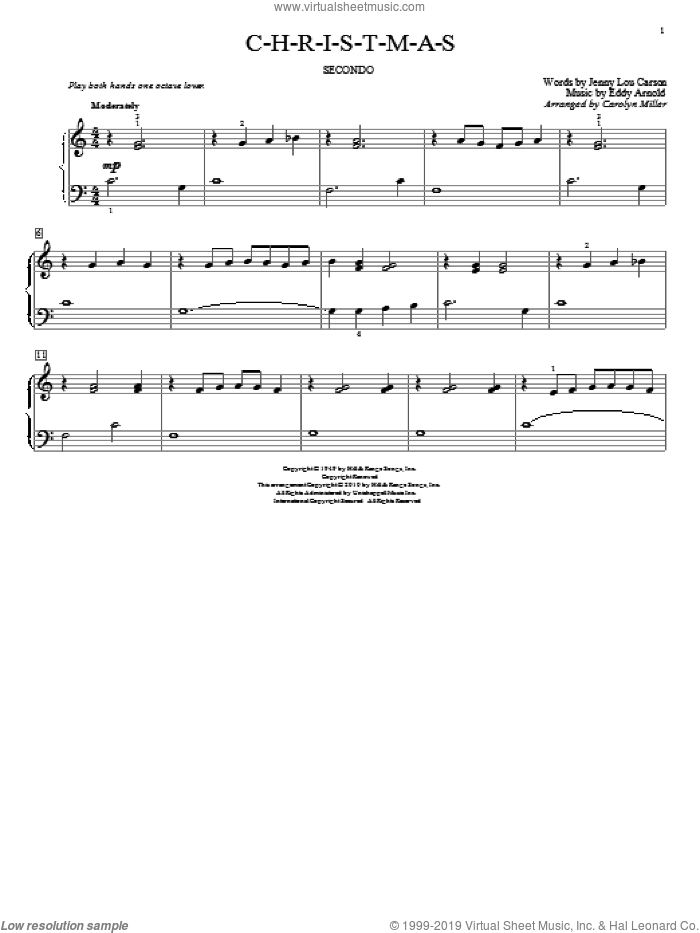 C-H-R-I-S-T-M-A-S sheet music for piano four hands by Eddy Arnold, Carolyn Miller, John Thompson and Jenny Lou Carson, intermediate skill level
