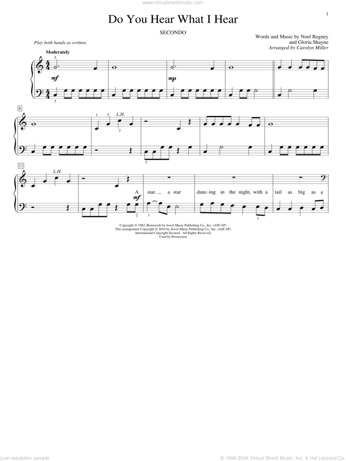 Do You Hear What I Hear sheet music for piano four hands by Gloria Shayne, Carolyn Miller, John Thompson and Noel Regney, intermediate skill level