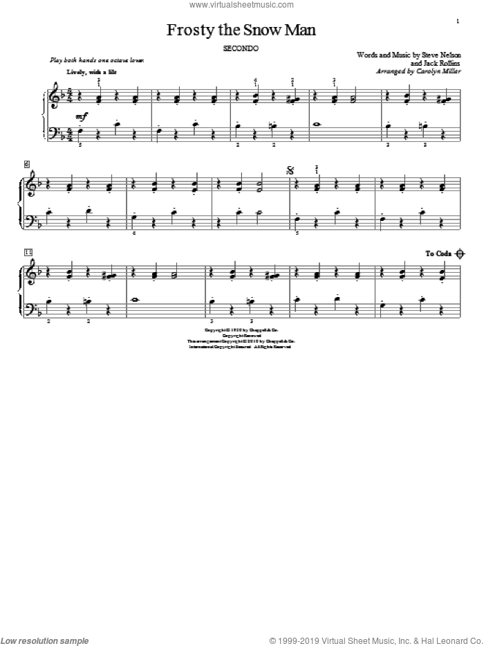 Frosty The Snow Man sheet music for piano four hands by Gene Autry, Carolyn Miller, Jack Rollins, John Thompson and Steve Nelson, intermediate skill level