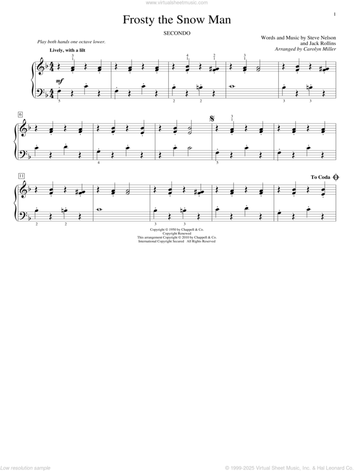 Frosty The Snow Man sheet music for piano four hands by Gene Autry, Carolyn Miller, Jack Rollins, John Thompson and Steve Nelson, intermediate skill level