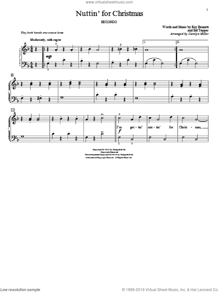 Nuttin' For Christmas sheet music for piano four hands by Roy Bennett, Carolyn Miller, John Thompson and Sid Tepper, intermediate skill level