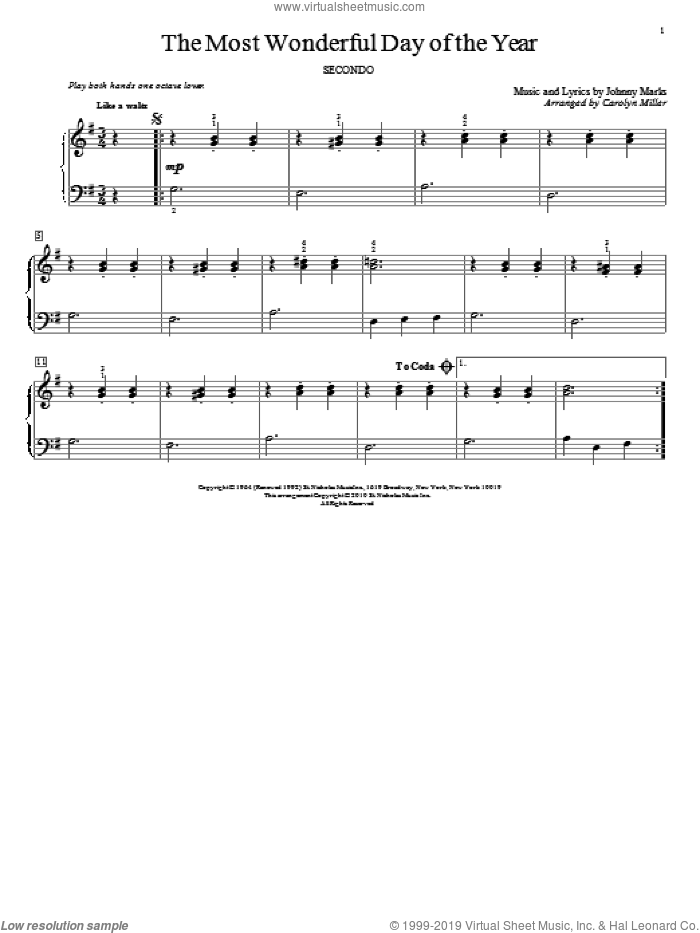 The Most Wonderful Day Of The Year sheet music for piano four hands by Johnny Marks, Carolyn Miller and John Thompson, intermediate skill level