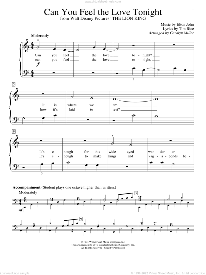 Can You Feel The Love Tonight (from The Lion King) sheet music for piano solo (elementary) by Elton John, The Lion King (Movie), Carolyn Miller and Tim Rice, wedding score, beginner piano (elementary)