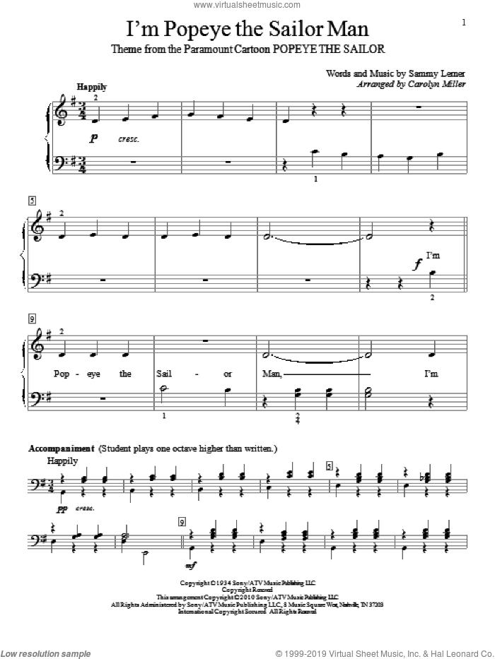 I'm Popeye The Sailor Man sheet music for piano solo (elementary) by Sammy Lerner and Carolyn Miller, beginner piano (elementary)