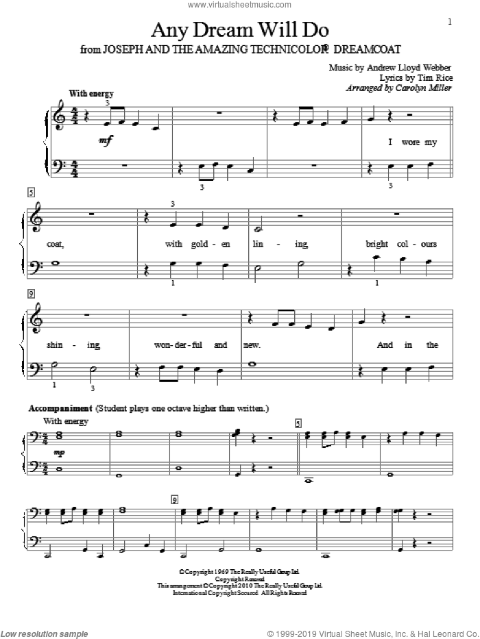 Any Dream Will Do sheet music for piano solo (elementary) by Andrew Lloyd Webber, Carolyn Miller, Joseph And The Amazing Technicolor Dreamcoat (Musical) and Tim Rice, beginner piano (elementary)