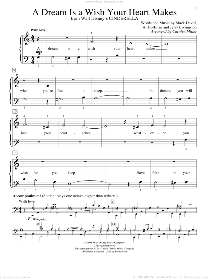 A Dream Is A Wish Your Heart Makes (from Cinderella) (arr. Carolyn Miller) sheet music for piano solo (elementary) by Ilene Woods, Carolyn Miller, Linda Ronstadt, Al Hoffman, Jerry Livingston and Mack David, wedding score, beginner piano (elementary)
