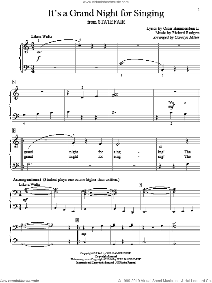 It's A Grand Night For Singing sheet music for piano solo (elementary) by Rodgers & Hammerstein, Carolyn Miller, State Fair (Musical), Oscar II Hammerstein and Richard Rodgers, beginner piano (elementary)