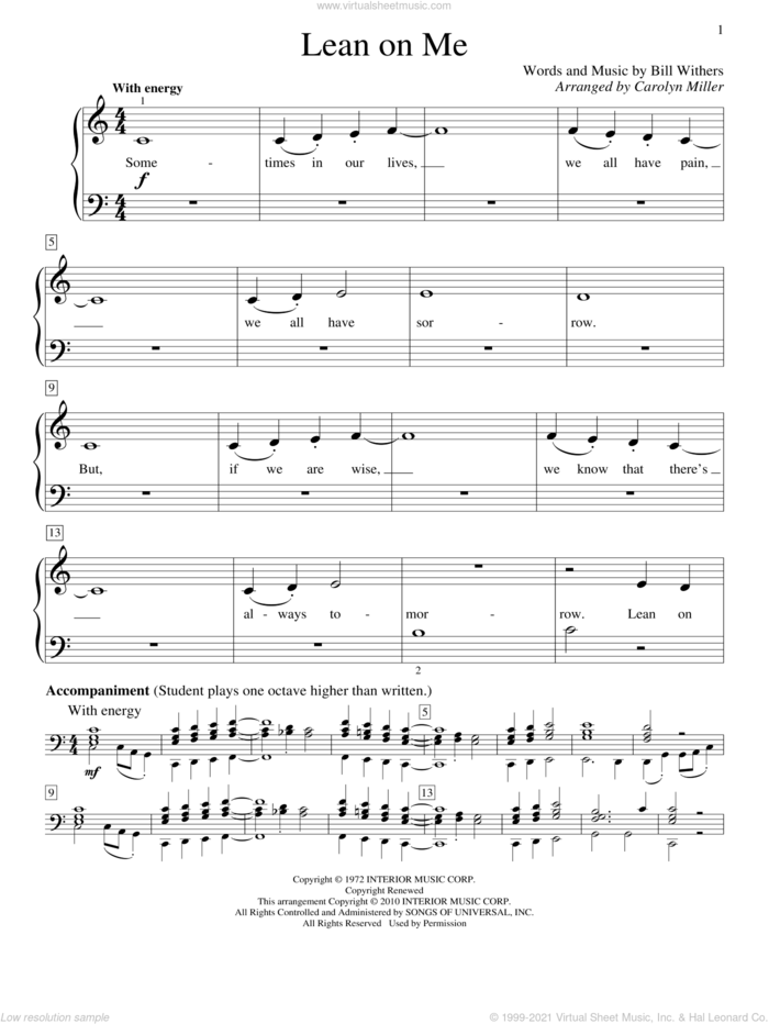 Lean On Me sheet music for piano solo (elementary) by Bill Withers and Carolyn Miller, beginner piano (elementary)