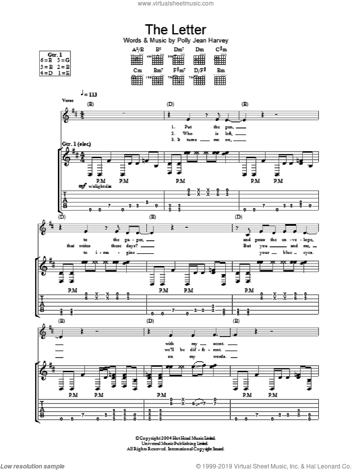 The Letter sheet music for guitar (tablature) by P J Harvey, intermediate skill level