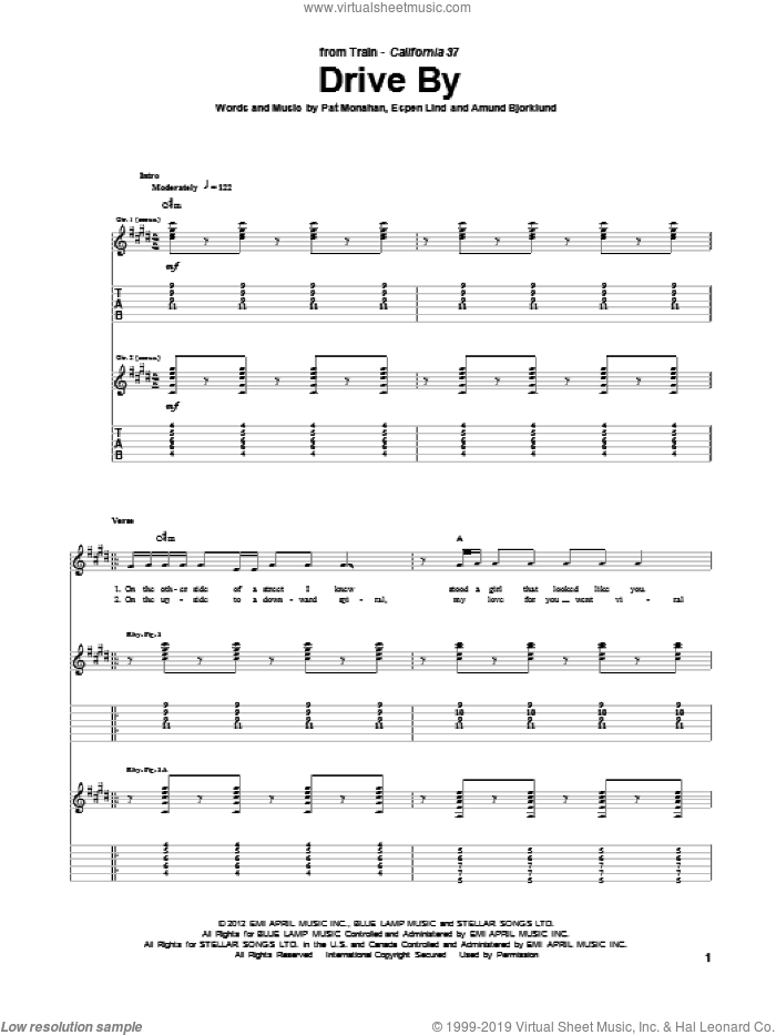 Drive By sheet music for guitar (tablature) by Train, Amund Bjorklund, Espen Lind and Pat Monahan, intermediate skill level
