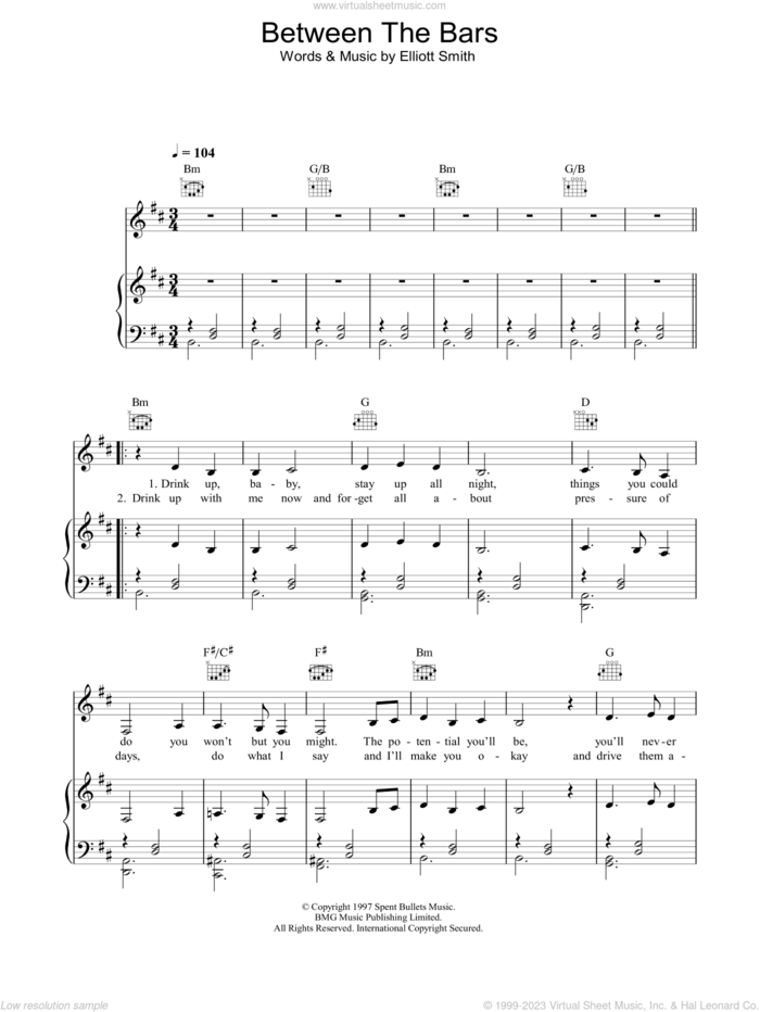 Between The Bars sheet music for voice, piano or guitar by Madeleine Peyroux and Elliott Smith, intermediate skill level