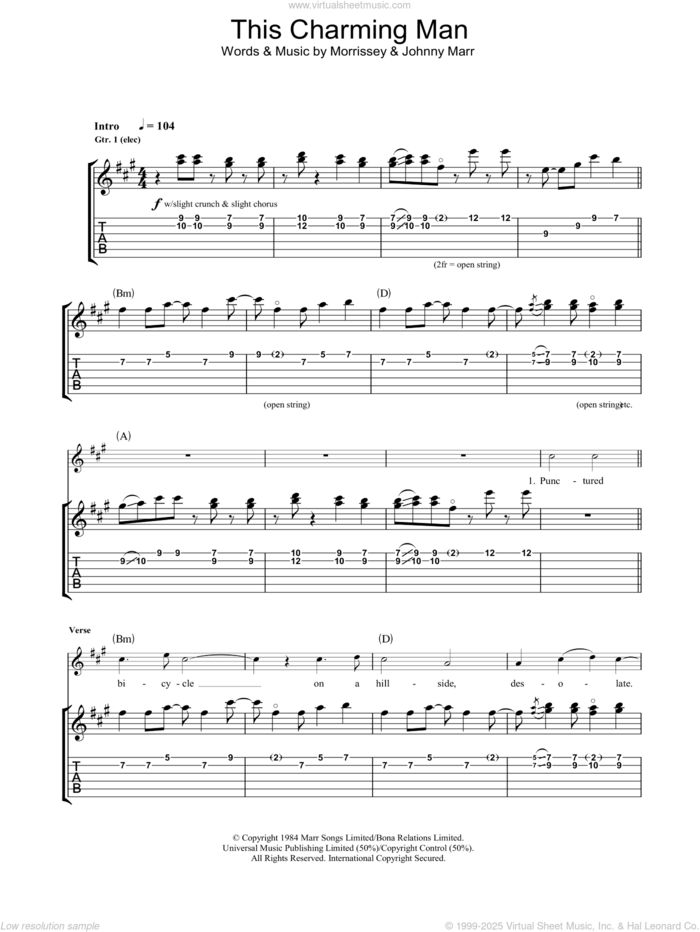 This Charming Man sheet music for guitar (tablature) by The Smiths, Johnny Marr and Steven Morrissey, intermediate skill level