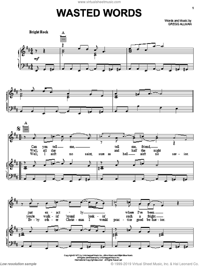 Wasted Words sheet music for voice, piano or guitar by The Allman Brothers Band, Allman Brothers Band and Gregg Allman, intermediate skill level