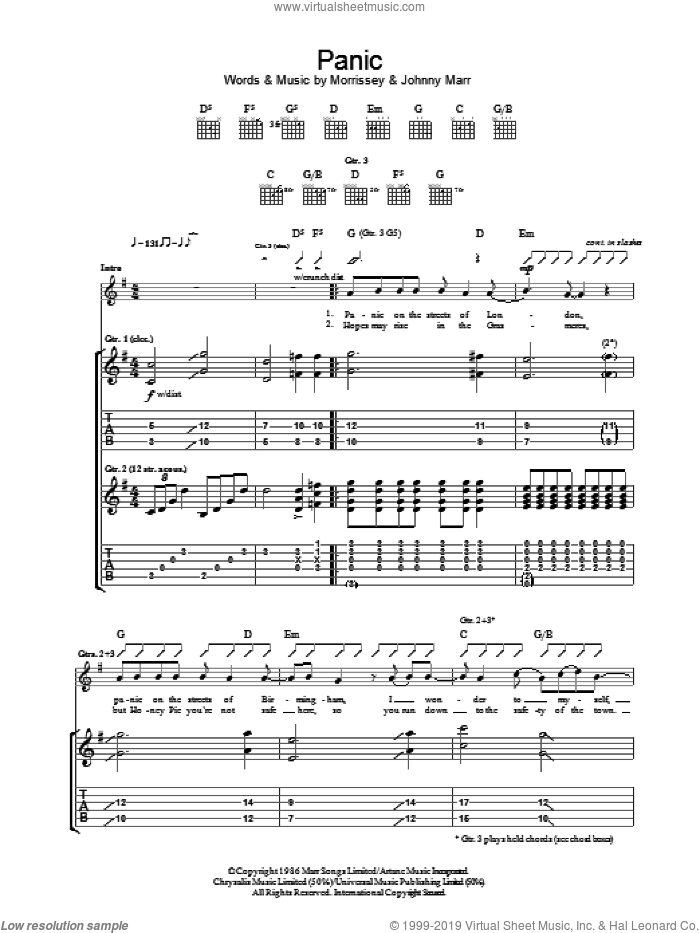 Panic sheet music for guitar (tablature) by The Smiths, Johnny Marr and Steven Morrissey, intermediate skill level