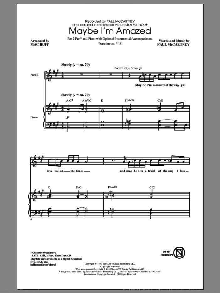 Maybe I'm Amazed sheet music for choir (2-Part) by Paul McCartney, Keke Palmer and Mac Huff, intermediate duet