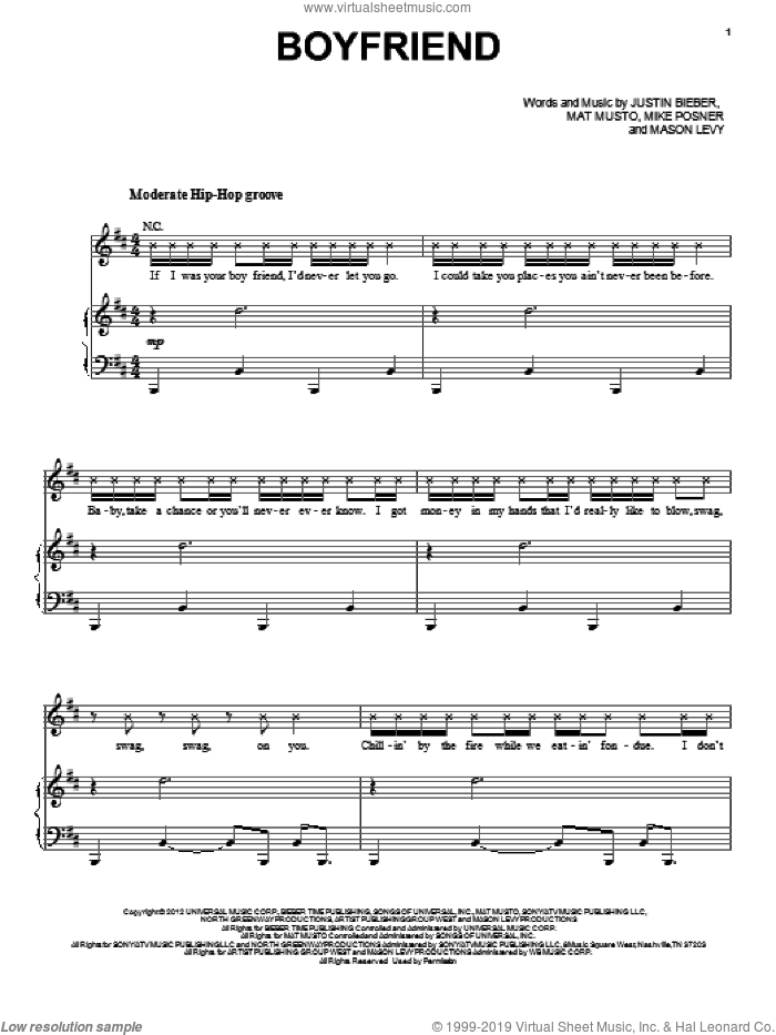 Boyfriend sheet music for voice, piano or guitar by Justin Bieber, Mason Levy, Mat Musto and Mike Posner, intermediate skill level