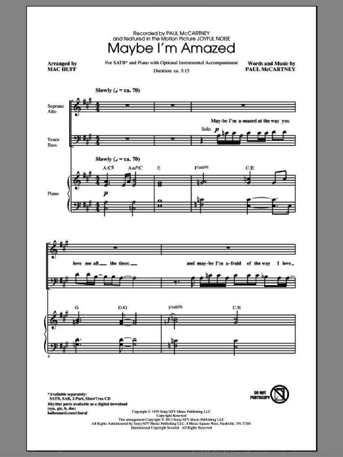 Maybe I'm Amazed sheet music for choir (SATB: soprano, alto, tenor, bass) by Paul McCartney, Keke Palmer and Mac Huff, intermediate skill level