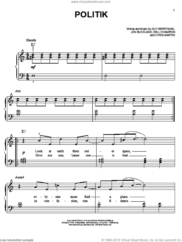 Politik sheet music for piano solo by Coldplay, Chris Martin, Guy Berryman, Jon Buckland and Will Champion, easy skill level