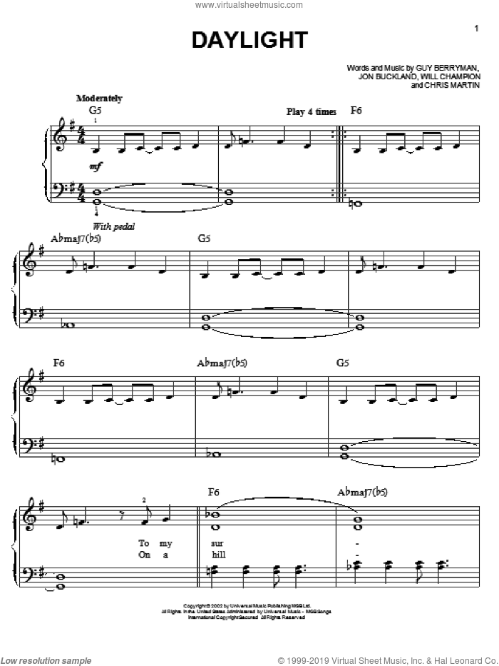 Daylight sheet music for piano solo by Coldplay, Chris Martin, Guy Berryman, Jon Buckland and Will Champion, easy skill level