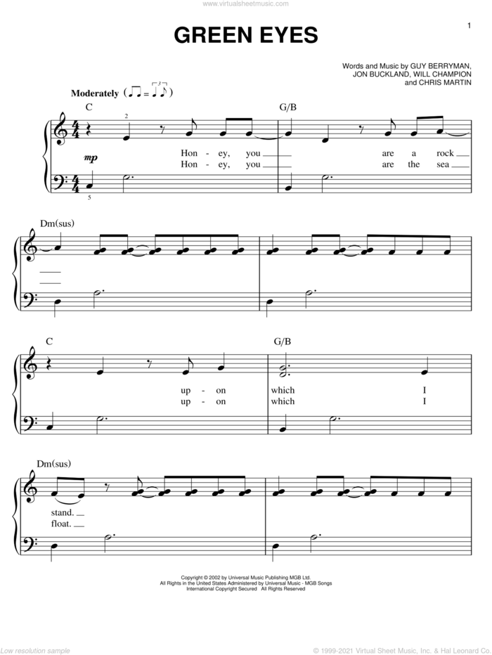 Green Eyes sheet music for piano solo by Coldplay, Chris Martin, Guy Berryman, Jon Buckland and Will Champion, easy skill level