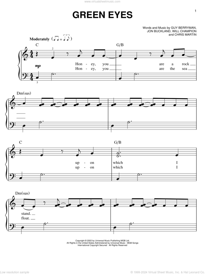 Green Eyes sheet music for piano solo by Coldplay, Chris Martin, Guy Berryman, Jon Buckland and Will Champion, easy skill level