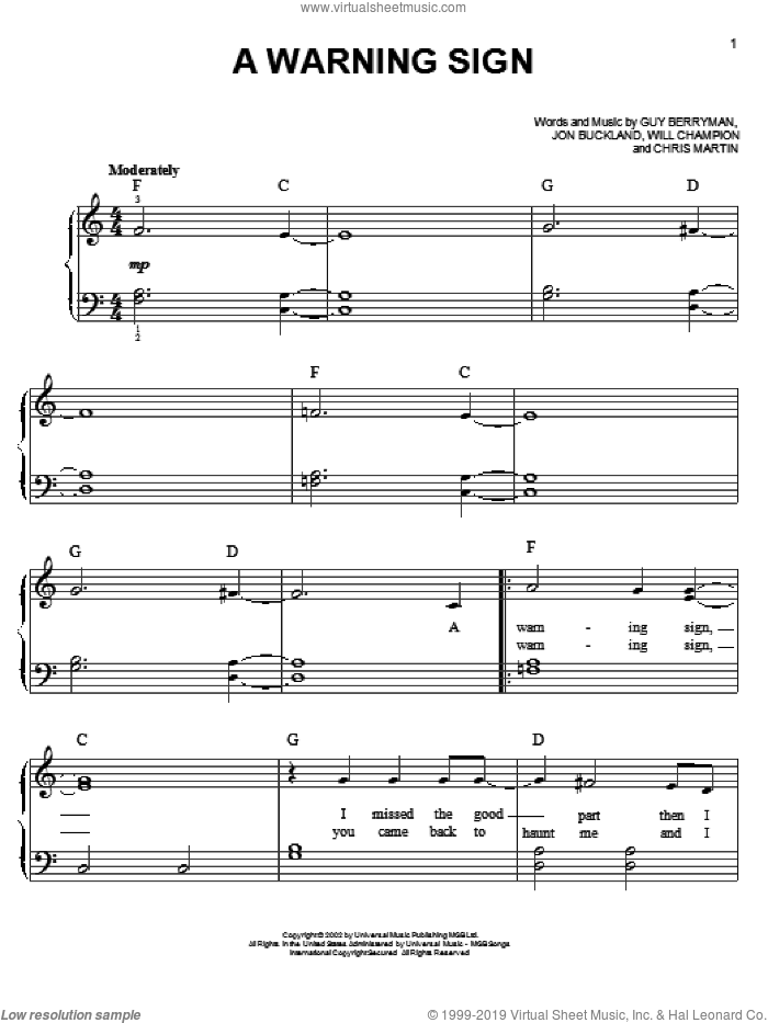 A Warning Sign sheet music for piano solo by Coldplay, Chris Martin, Guy Berryman, Jon Buckland and Will Champion, easy skill level
