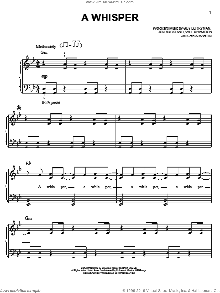A Whisper sheet music for piano solo by Coldplay, Chris Martin, Guy Berryman, Jon Buckland and Will Champion, easy skill level