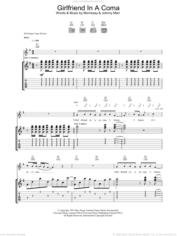 Girlfriend In A Coma sheet music for guitar (tablature) by The Smiths, Johnny Marr and Steven Morrissey, intermediate skill level
