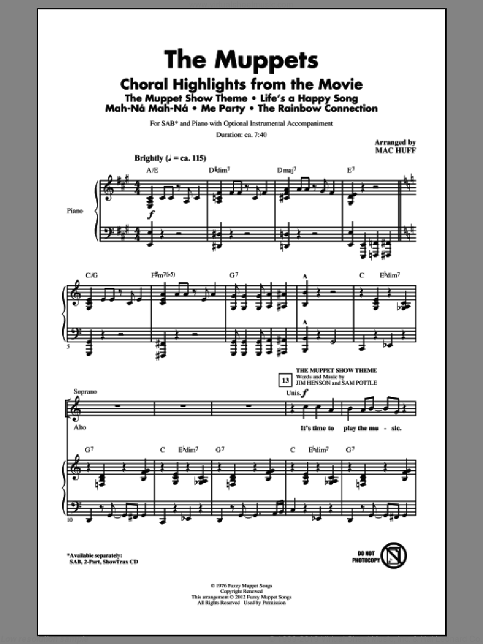 The Muppets (Choral Highlights) sheet music for choir (SAB: soprano, alto, bass) by Bret McKenzie, Mac Huff and The Muppets, intermediate skill level