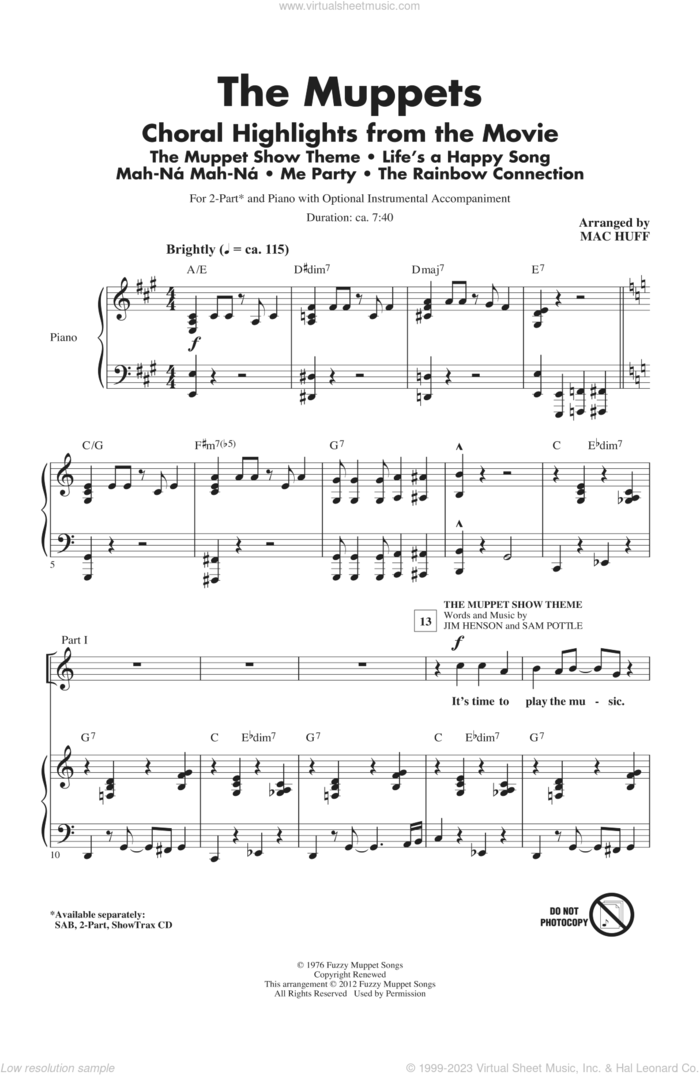 The Muppets (Choral Highlights) sheet music for choir (2-Part) by Bret McKenzie, Mac Huff and The Muppets, intermediate duet