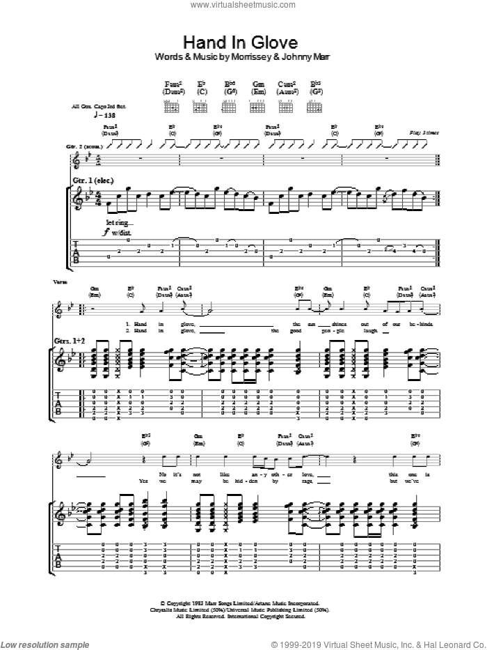 Hand In Glove sheet music for guitar (tablature) by The Smiths, Johnny Marr and Steven Morrissey, intermediate skill level