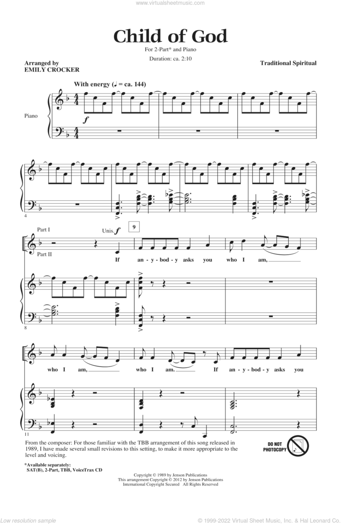 Child Of God (arr. Emily Crocker) sheet music for choir (2-Part) by Emily Crocker and Miscellaneous, intermediate duet