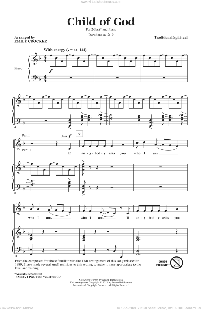 Child Of God (arr. Emily Crocker) sheet music for choir (2-Part) by Emily Crocker and Miscellaneous, intermediate duet