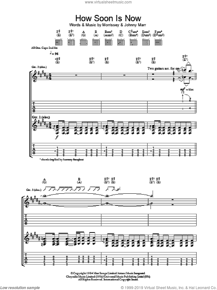 How Soon Is Now? sheet music for guitar (tablature) by The Smiths, Johnny Marr and Steven Morrissey, intermediate skill level