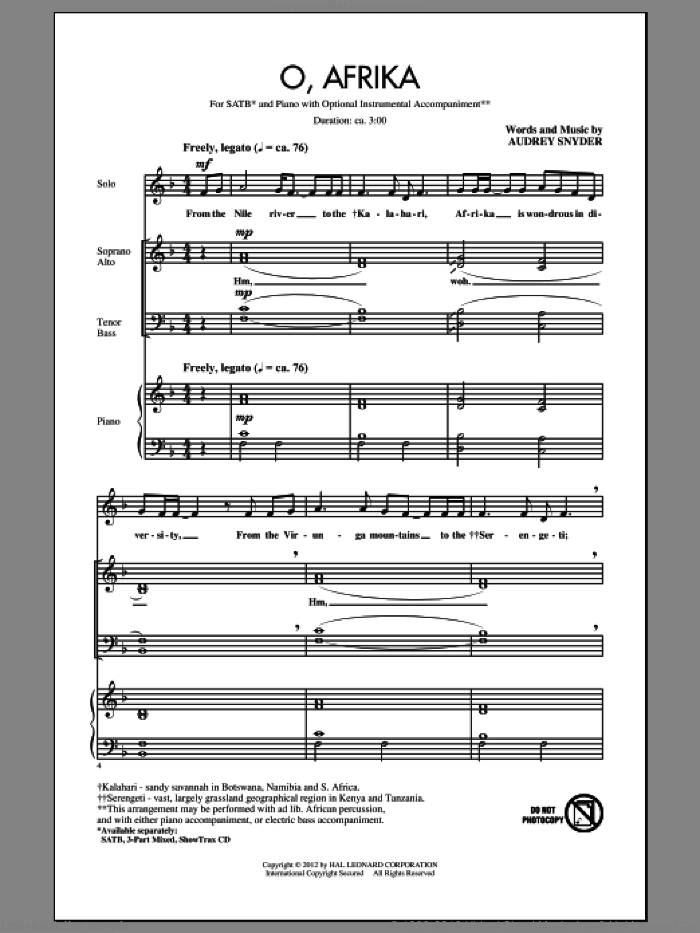 O, Afrika sheet music for choir (SATB: soprano, alto, tenor, bass) by Audrey Snyder, intermediate skill level