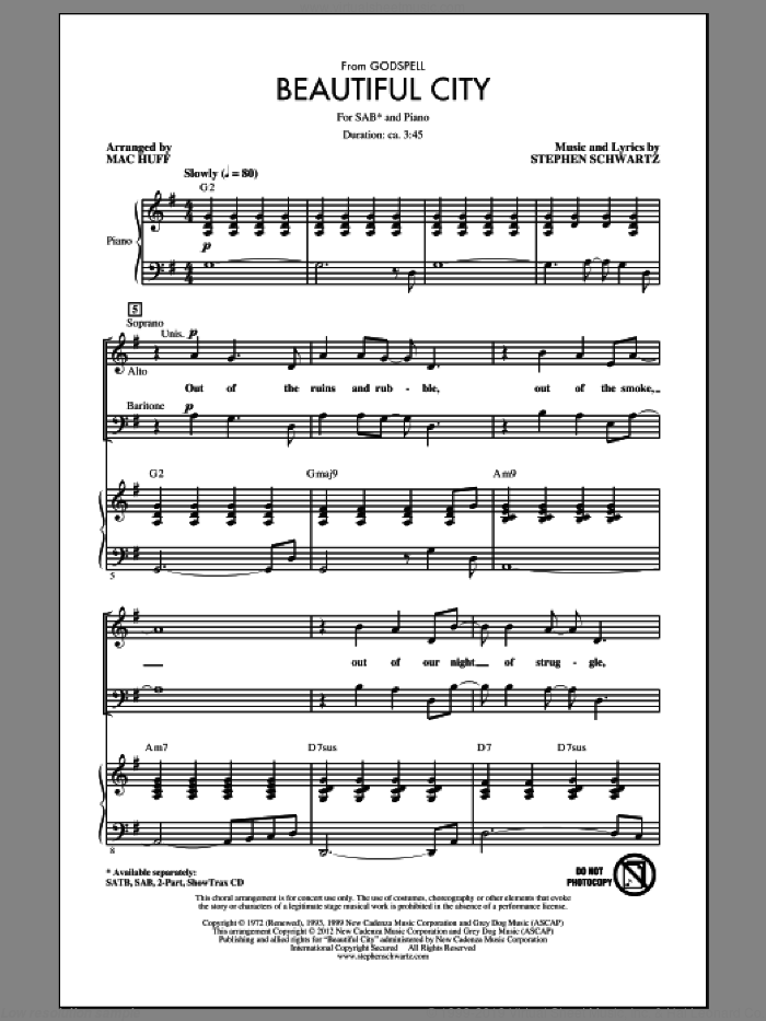 Beautiful City (arr. Mac Huff) sheet music for choir (SAB: soprano, alto, bass) by Stephen Schwartz and Mac Huff, intermediate skill level