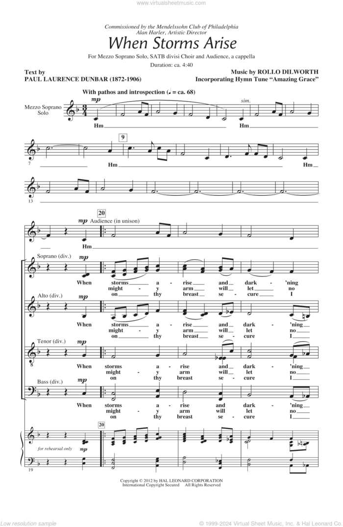 When Storms Arise sheet music for choir (SATB: soprano, alto, tenor, bass) by Rollo Dilworth and Paul Laurence Dunbar, intermediate skill level