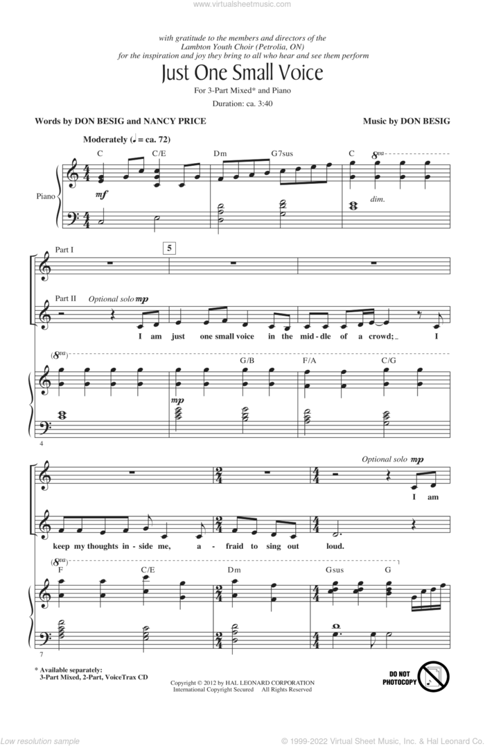 Just One Small Voice sheet music for choir (3-Part Mixed) by Don Besig and Nancy Price, intermediate skill level