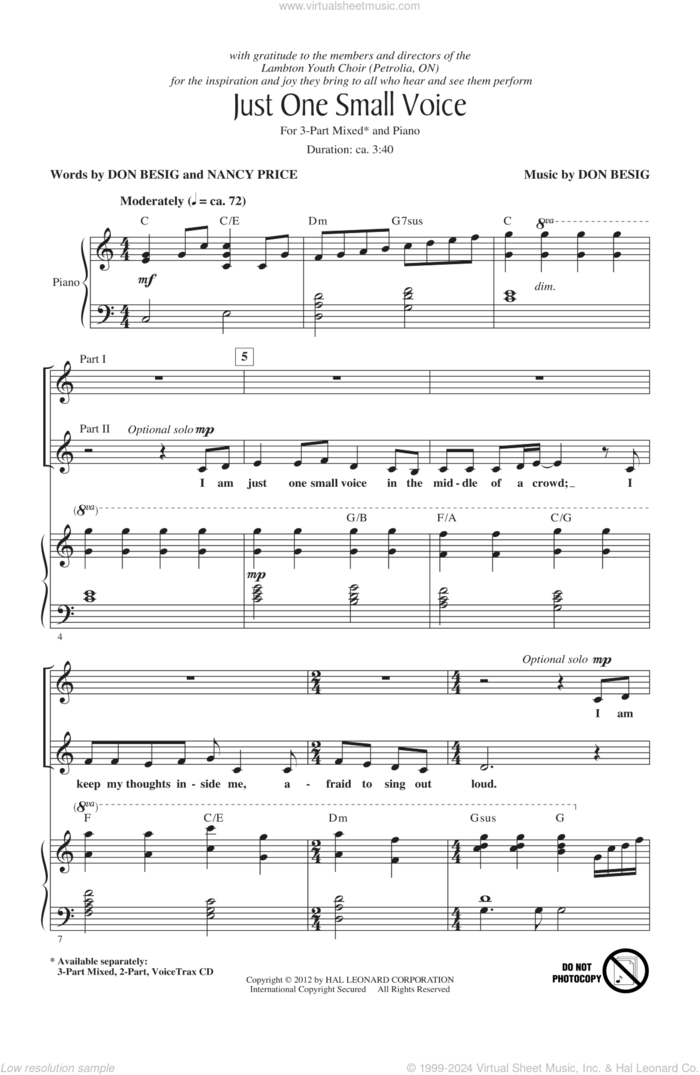 Just One Small Voice sheet music for choir (3-Part Mixed) by Don Besig and Nancy Price, intermediate skill level