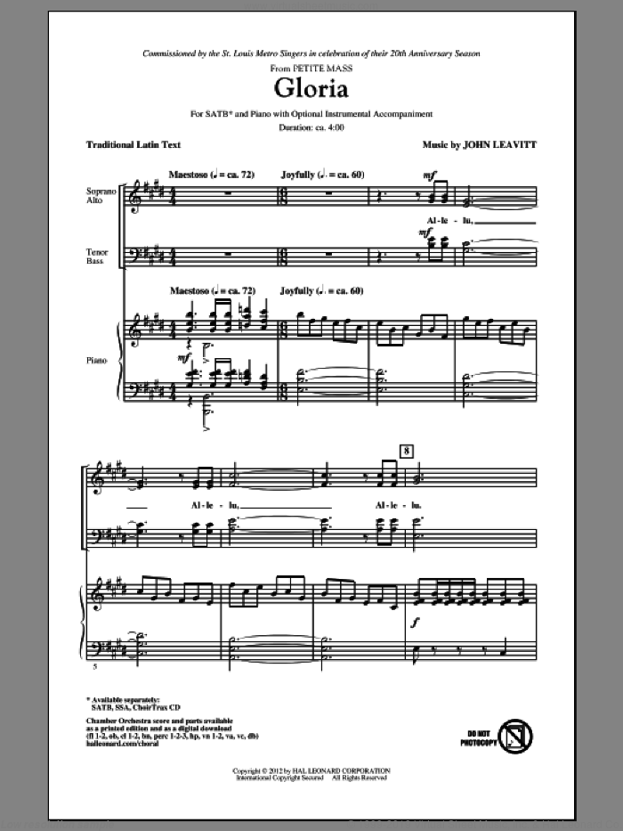 Gloria (from Petite Mass) sheet music for choir (SATB: soprano, alto, tenor, bass) by John Leavitt, intermediate skill level
