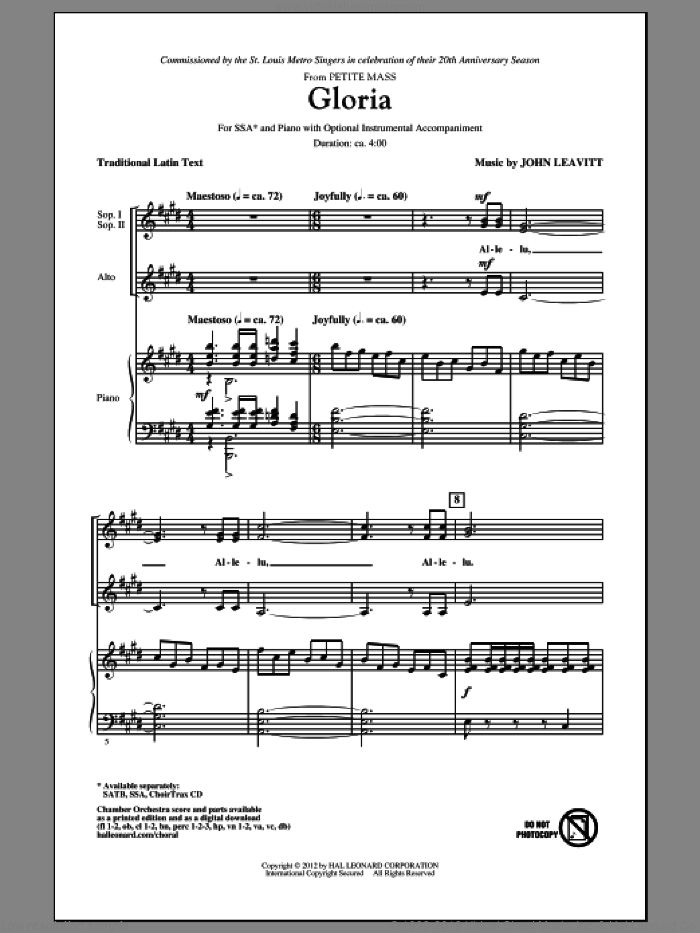 Gloria (from Petite Mass) sheet music for choir (SSA: soprano, alto) by John Leavitt, intermediate skill level
