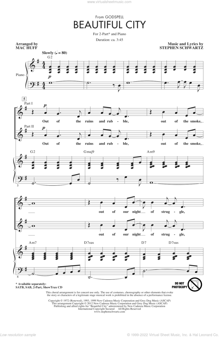 Beautiful City sheet music for choir (2-Part) by Stephen Schwartz and Mac Huff, intermediate duet