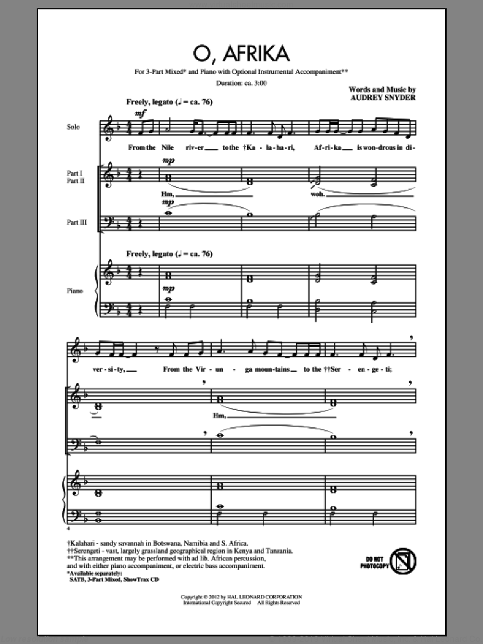 O, Afrika sheet music for choir (3-Part Mixed) by Audrey Snyder, intermediate skill level